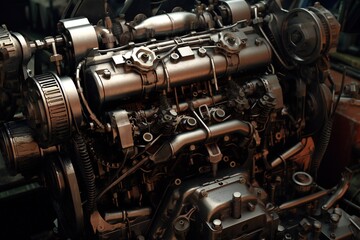 Fototapeta na wymiar Old antique car engine closeup Generative AI