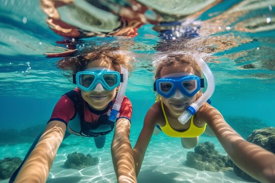 Two children capture their underwater adventure, taking a selfie while snorkeling in the mesmerizing underwater world.