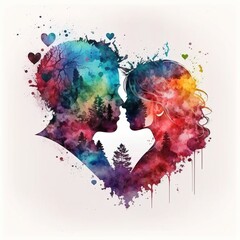 Romantic watercolor couple kissing on Valentine's Day on heart shape. Ai generative illustration