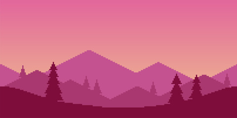 Fototapeta premium Colorful simple vector pixel art horizontal illustration of morning mountain landscape with fir trees in retro platformer style