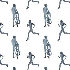 Sports at sunrise pattern.Running.Gymnastics.Morning gym.Watercolor silhouette sport isolated on white background.