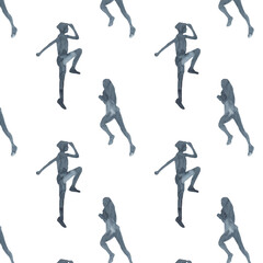 Sports at sunrise pattern.Running.Gymnastics.Morning gym.Watercolor silhouette sport isolated on white background.