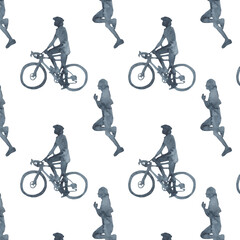 Fototapeta premium Sports at sunrise pattern.Running.Gymnastics.Morning gym.Watercolor silhouette sport isolated on white background.