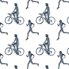 Fototapeta premium Sports at sunrise pattern.Running.Gymnastics.Morning gym.Watercolor silhouette sport isolated on white background.