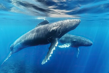 Beautiful whales swimming near the surface of the vast sea. Ai generated.