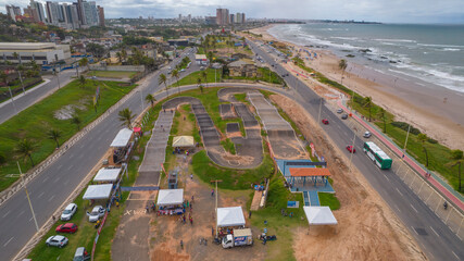 Drone view of the BMX track facing the sea in Salvador, Bahia, Brazil