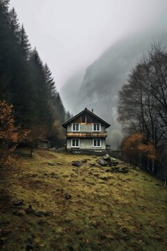 bucolic wooden cabin nestled on a steep mountain, surrounded by breathtaking beauty. AI Generated