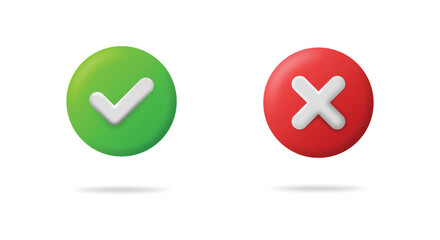 3D confirmed and reject buttons with shadow and highlight. Check mark 3D vector icons. Approved and X check mark web icon.