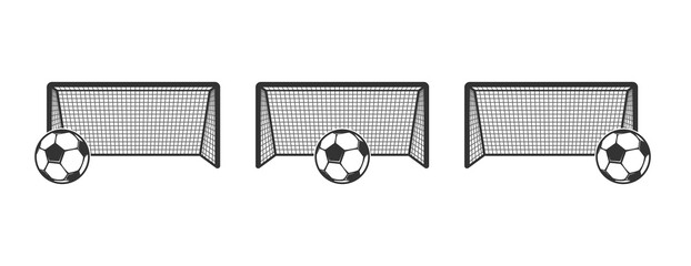 Obraz premium Minimalistic soccer ball near the football goal gates. Left, center, and right side gates with football ball. Sport equipment vector icon. Team side indicator for web.