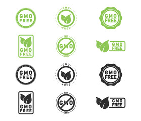 Set of 6 minimalistic GMO free labels for food. Non GMO healthy food icons. Warning signs of the product composition. Organic, eco, vegan products sticker.