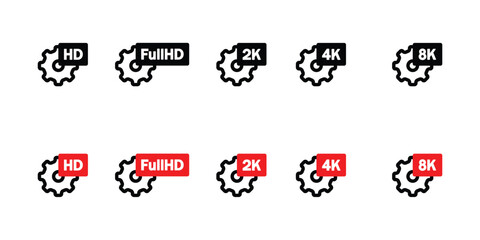 Minimalistic gear with video extension window vector icons. HD, FullHD, 2K, 4K and 8K video quality vector icon set with full black and black and red option.