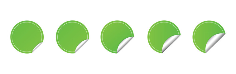 Realistic green circle glued stickers with five option of curled cornerfrom small to big. Blank green adhesive paper for label sticker with 3D effect.
