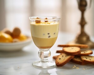 Zabaione served alongside biscotti on a white marble background