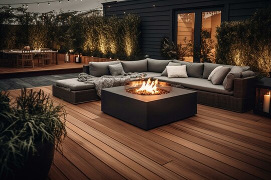 Inviting outdoor area with wood deck, rattan sectional, slate tile, and fire pit. Generative AI