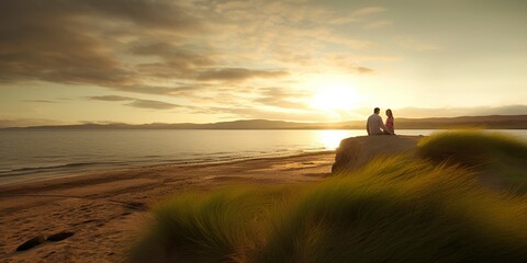 Obraz premium A couple watches the sunset from the top of a small hill. Ai generated.