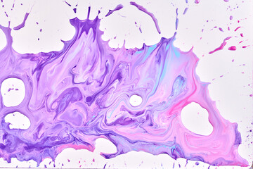 Paint drops and splashes on white paper. Multicolored explosion, purple lilac ink blots abstract background, fluid art
