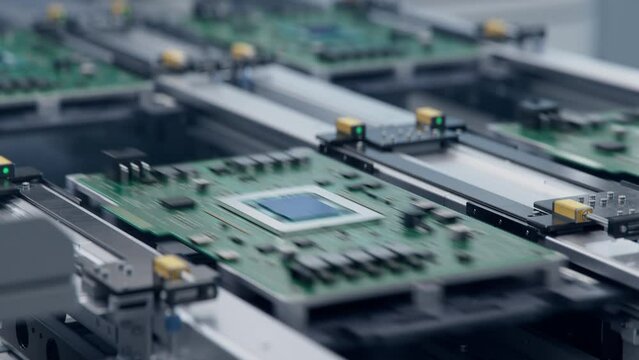Close-up of Component Installation on Circuit Board. Electronic Devices Production Industry. Fully Automated PCB Assembly Line Equipped with Advanced High Precision Robot Arms. Electronics Factory.