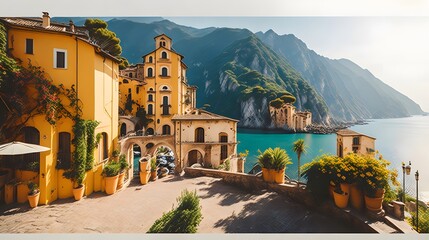 Panorama of the town of the city, retro Italian landscape,  beauty of sunny Italy 1970. Generative AI - obrazy, fototapety, plakaty