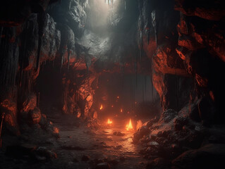 dark and scary cave on fire, Generative AI