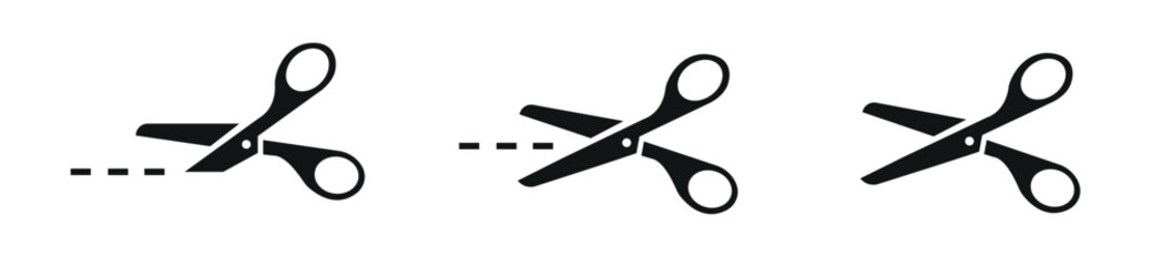 Scissors with cut lines. Scissors icon set.