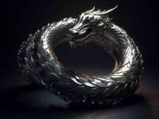 piece made of silver in the shape of a serpent dragon, with a neutral background, Generative AI