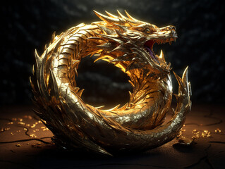 piece made of gold in the shape of a serpent dragon, Generative AI