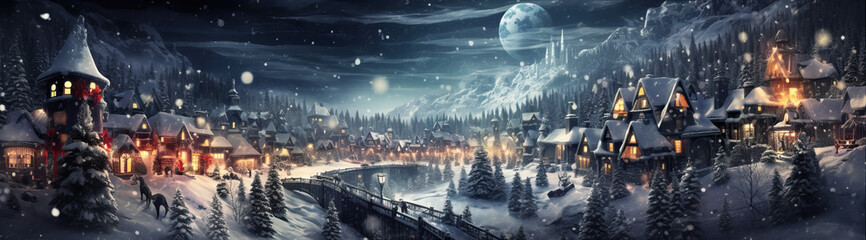 Fabulous Winter Night Village Panorama. Created using generative AI tools - obrazy, fototapety, plakaty