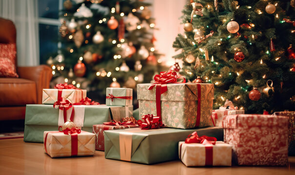 Festively Wrapped Gifts Under Christmas Tree. Created using generative AI tools