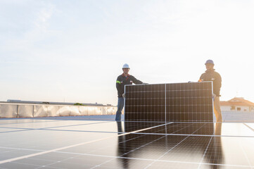 2 engineers install solar and maintain solar power plant , Engineer team to inspect and maintain solar power plants solar power plant