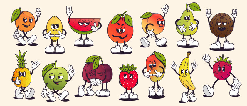 Retro cartoon fruits. Cartoon cute apple, orange and grapefruit faces, groovy comic characters different poses, fruits with happy smiley emotion. Vector isolated set