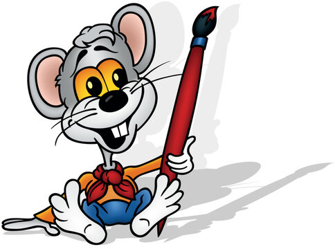 Laughing Mouse Sits on the Ground and Holds a Paintbrush in its Paw