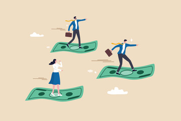 Cash flow, investment direction or financial trend, profit or earning from business, income or salary, stock market investing, wealth expert concept, business people riding flying money banknotes.