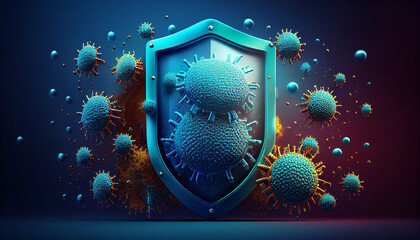 Background of virus defense with a shield and bacteria, Generative AI