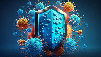 Background of virus defense with a shield and bacteria, Generative AI - obrazy, fototapety, plakaty