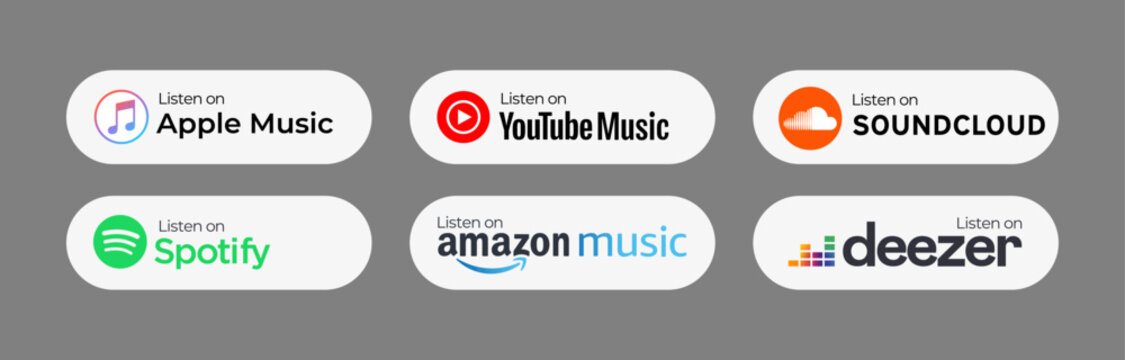Light popular Music streaming services listen on badges set. Apple Music, Spotify, Youtube Music, and Soundcloud. Simple, vector, printed on paper. icon for website design, marketing, and mobile app.