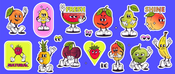 Groovy cartoon fruits stickers. 80s 90s funky fruity labels with smile face, colorful retro animation elements for packaging product design. Vector isolated set