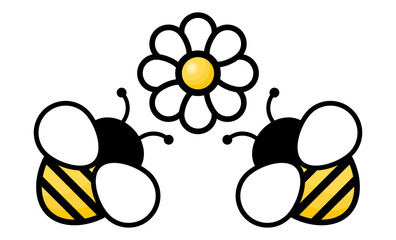 Flying bees with flower. Vector illustration isolated on white.