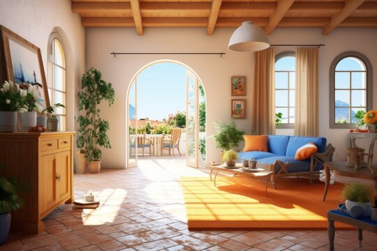 Stylish Italian house terrace, living room interior. Generative AI