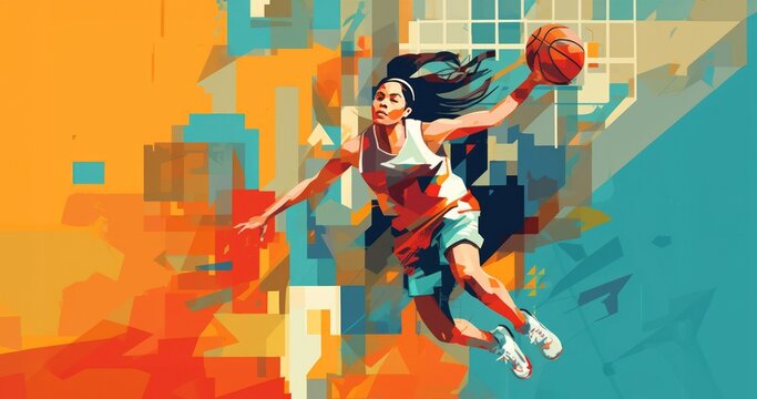 Geometric art drawing of woman basketball player