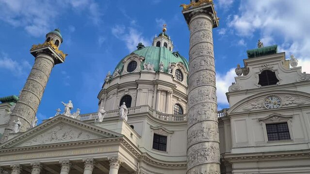 Karlskirche aka St. Charles Church in Vienna, Austria. Low Angle View of Roman Catholic Cathedral