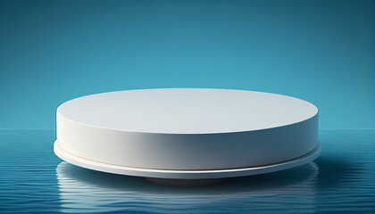 Round white podium floating in blue water, Generative AI