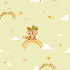 Cute cartoon fox charcter sitting on the rainbow with hearts on the background illustration. Woodland animals characters seamless pattern. Nursery kids room wall design. Nursery room wall animals