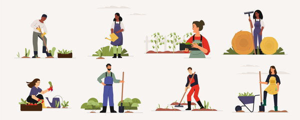 Farm workers. Cartoon persons working in country field cultivate crops and plant seeds, agricultural employees working in garden with tools. Vector flat illustration
