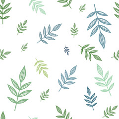 Vector green leaves of different sizes, seamless pattern with bright twigs, illustration for wallpapers,notebook covers.