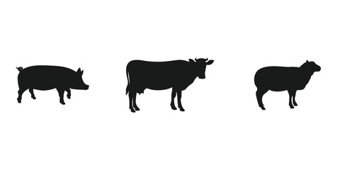 Minimalistic pig. cow and sheep black silhouette oh white background. Rural cattle icons.
