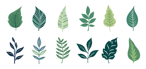 Set of vector green leaves, plant doodle sticker, illustration for sticker, notebook, presentation.
