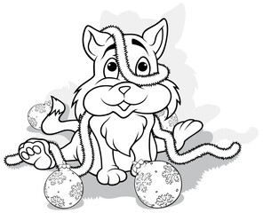 Drawing of Sitting Kitty in Christmas Ornaments