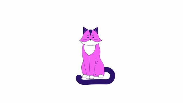 Funky cat wagging tail animation. Animated isolated 2D cute kawaii pet. Winking animal. Cartoon colour flat line character 4K video footage, white background, alpha channel transparency for web design