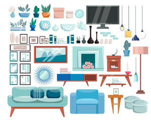 A set of vector illustrations of living room furniture. The interior of the living room with a sofa, fireplace, paintings, indoor plants. Items for home interior decor, isolated on a white background