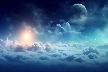 Naklejka na ściany i meble Flying over deep night clouds with moonlight